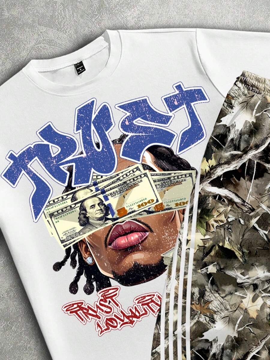 Camo Portrait Print T-Shirt Pants Set