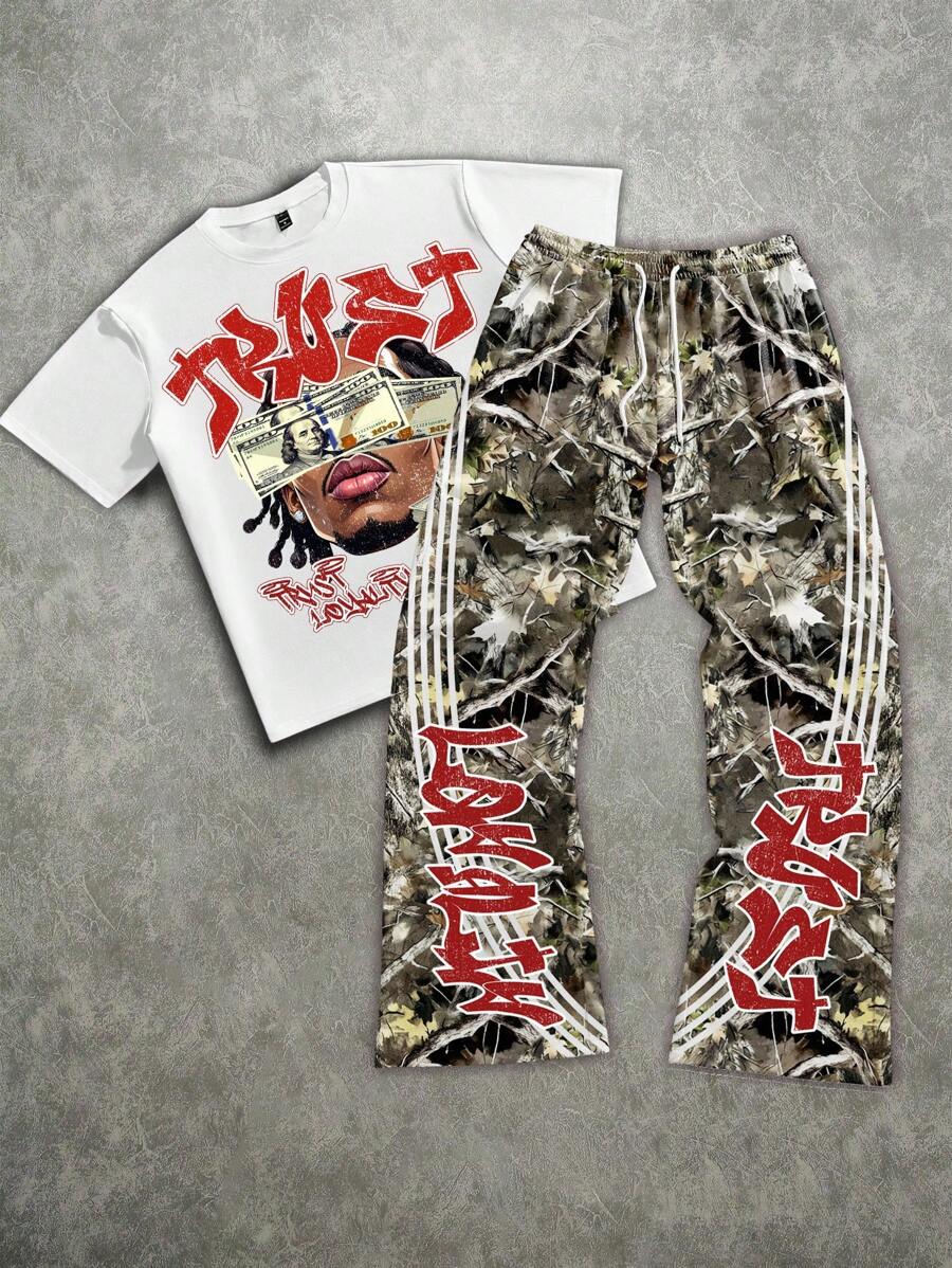 Camo Portrait Print T-Shirt Pants Set