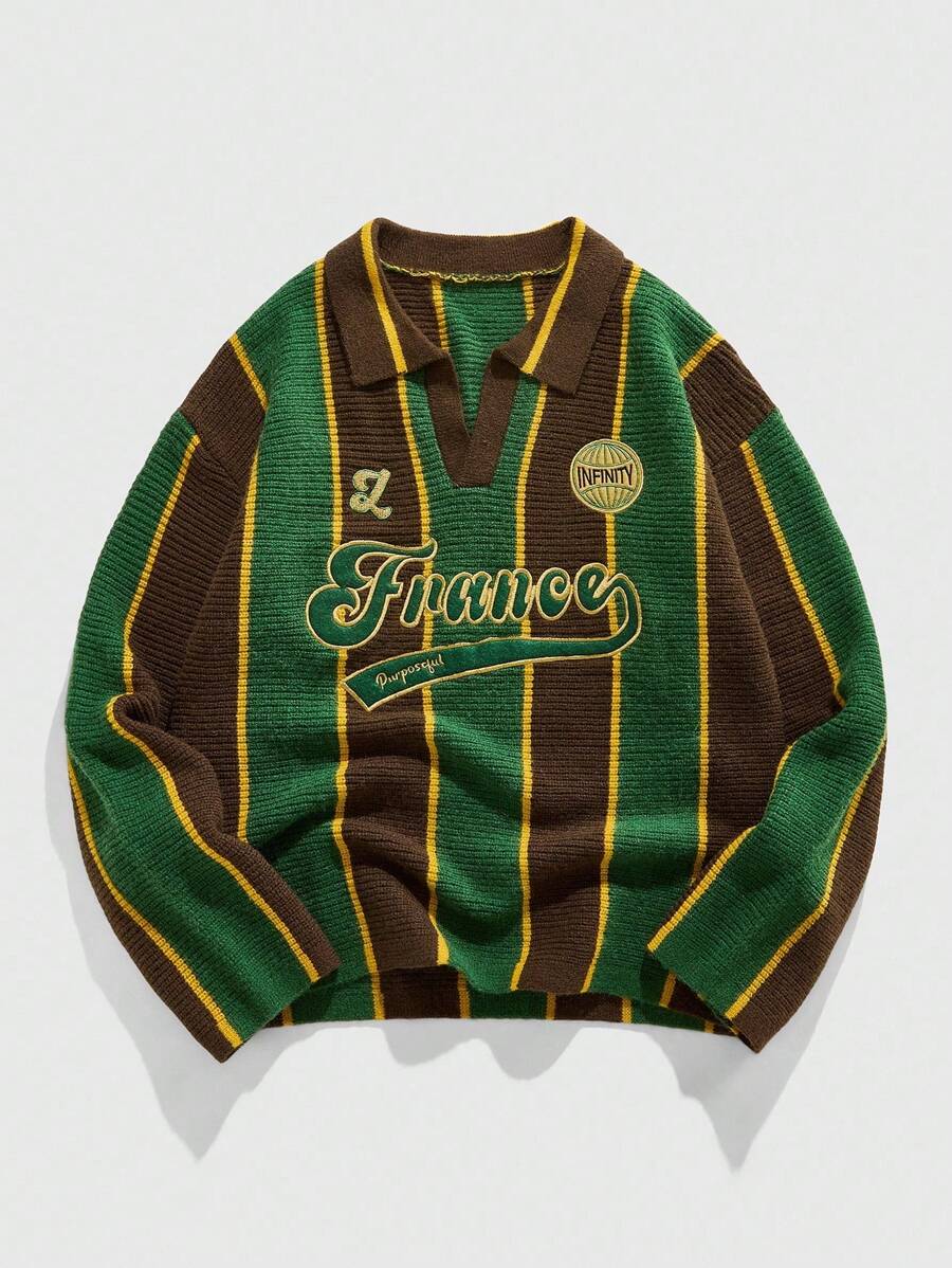 Men's Retro Collared Football Inspired Knit Sweater