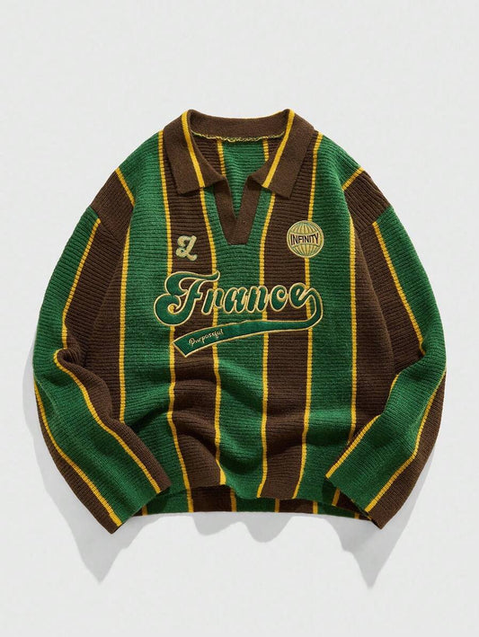 Men's Retro Collared Football Inspired Knit Sweater