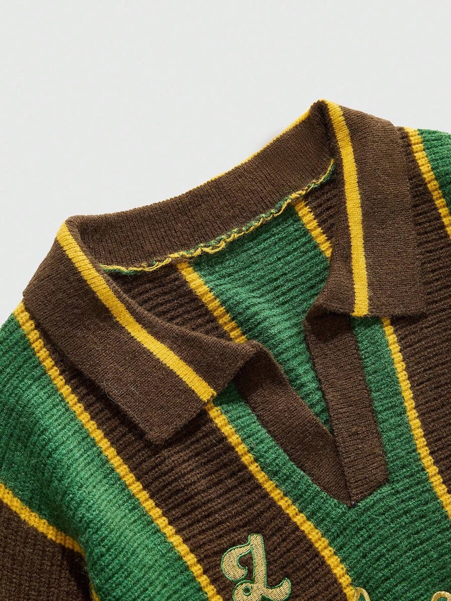 Men's Retro Collared Football Inspired Knit Sweater