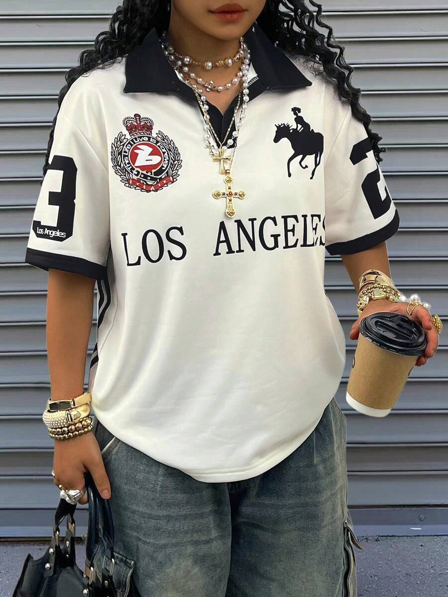 Sports Style Retro Numeric Print Short Sleeve Polo Shirt