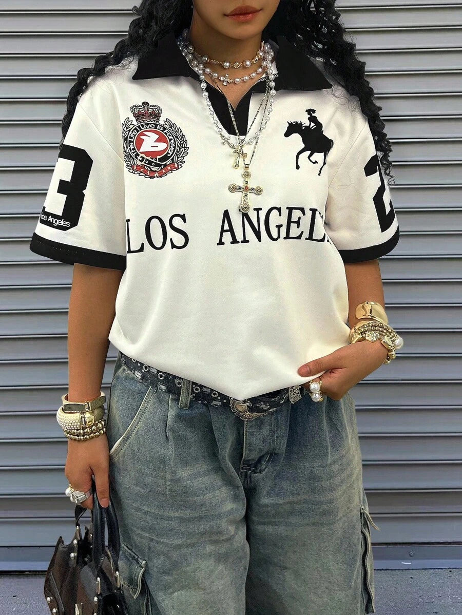 Sports Style Retro Numeric Print Short Sleeve Polo Shirt