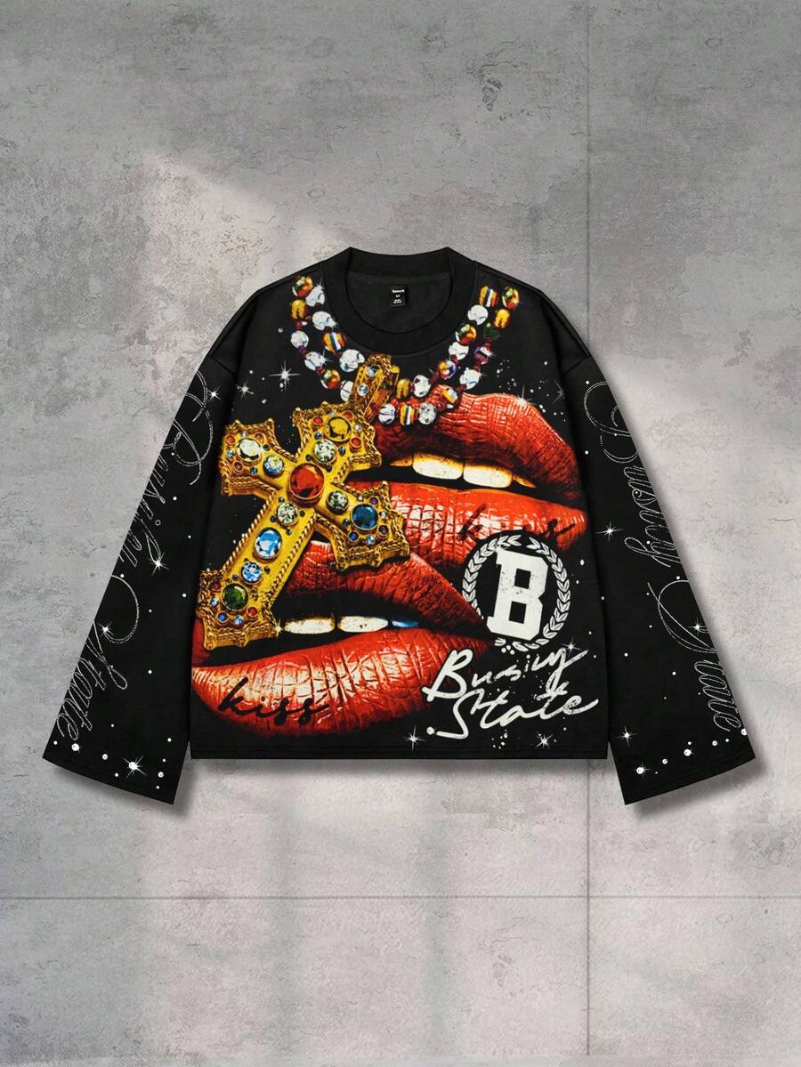 Distressed Saint Graphic Print Long Sleeve Crew Neck Men's T-Shirt