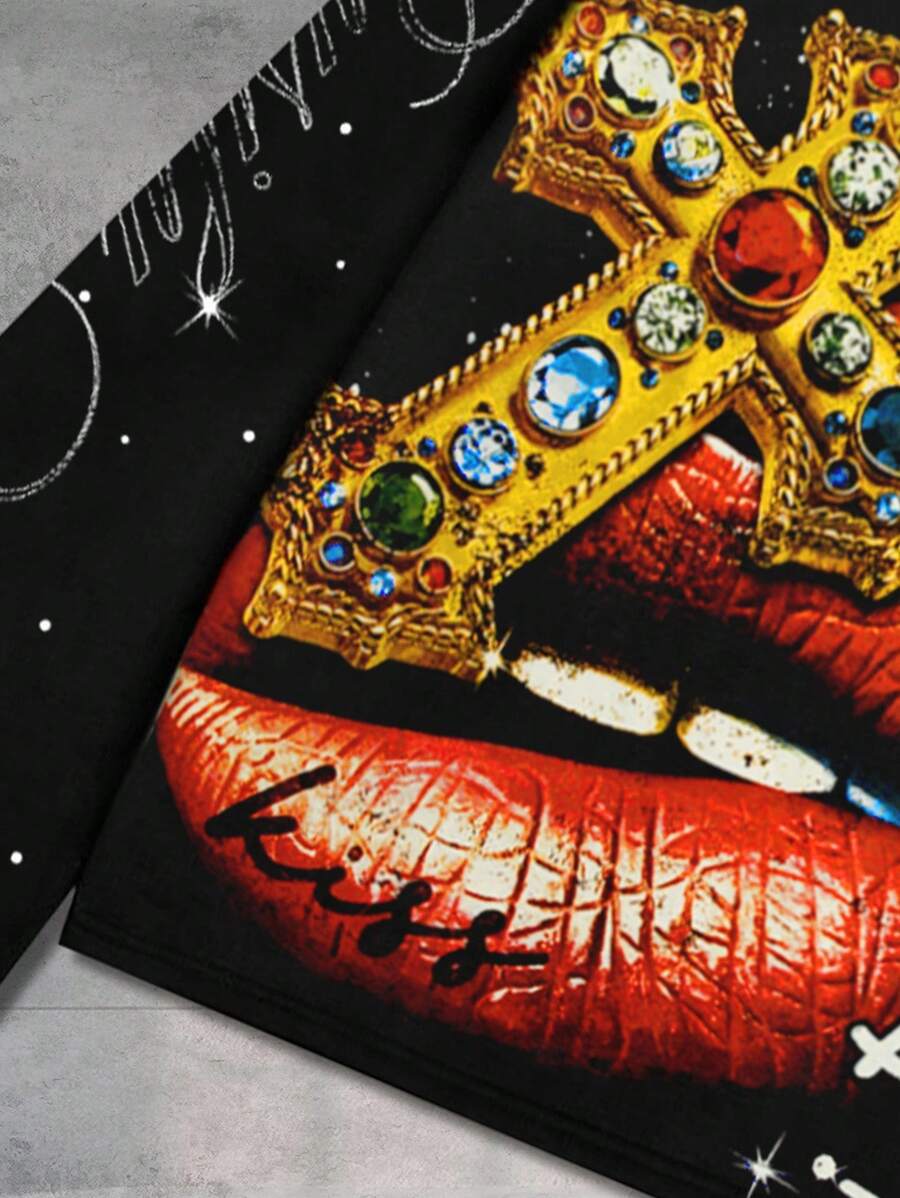 Distressed Saint Graphic Print Long Sleeve Crew Neck Men's T-Shirt