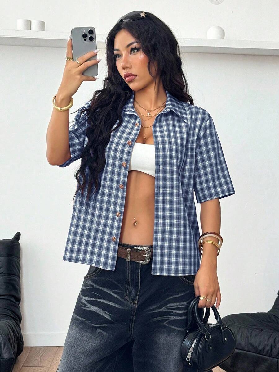 Women Crooped Zip Pocket Short Sleeve Shirt