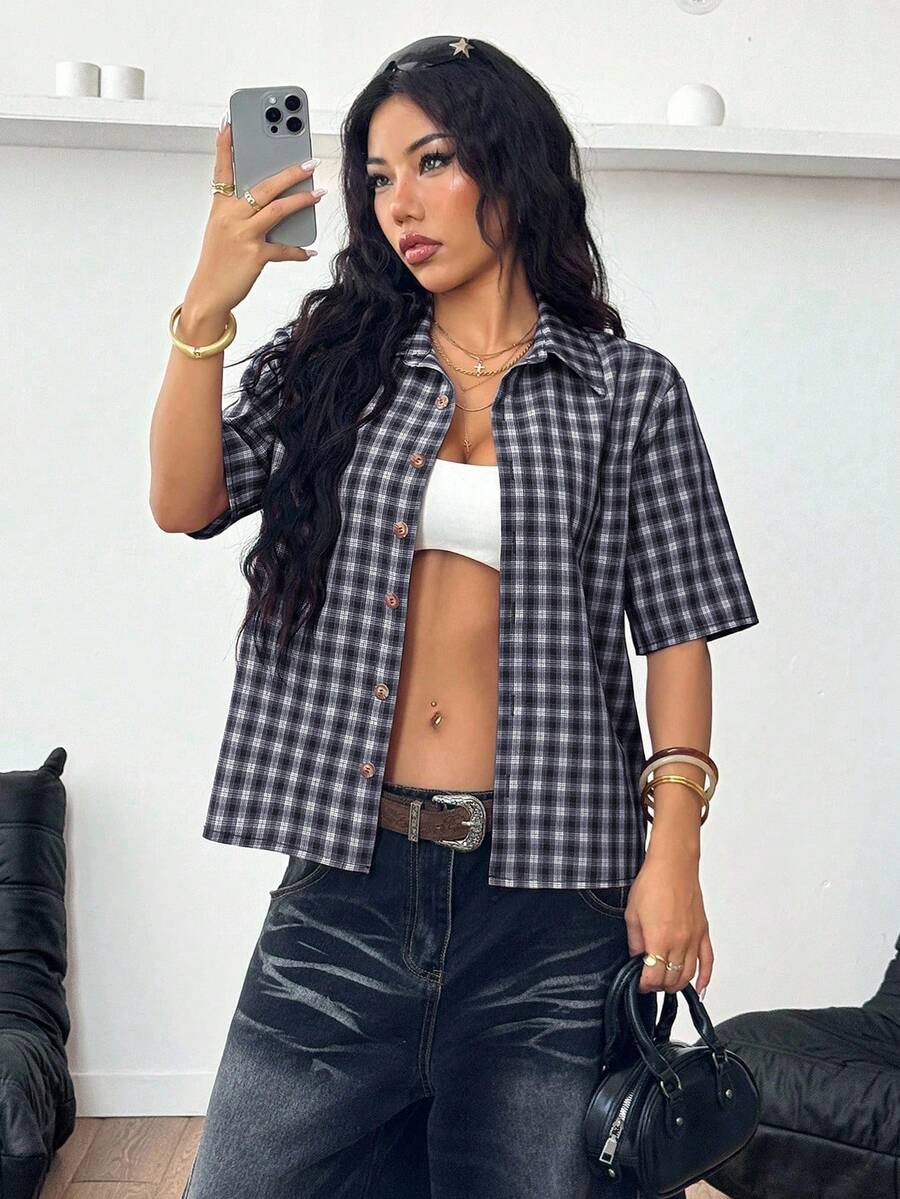 Women Crooped Zip Pocket Short Sleeve Shirt