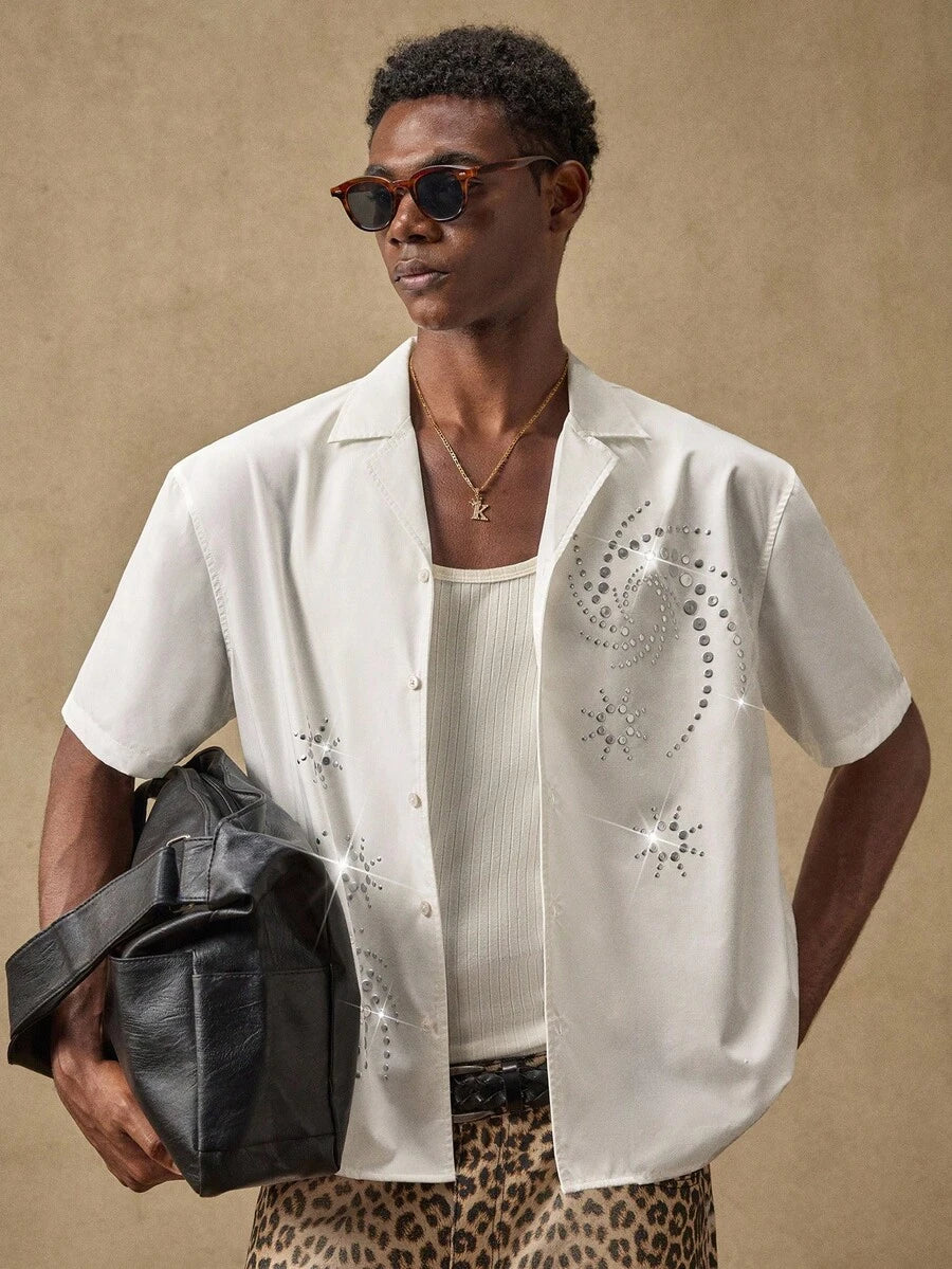 Men's Business Casual Embroidered Floral Pattern Woven Casual Short Sleeve Loose Shirt