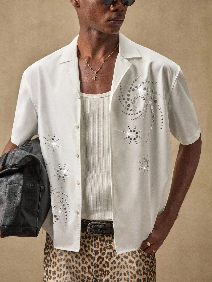 Men's Business Casual Embroidered Floral Pattern Woven Casual Short Sleeve Loose Shirt