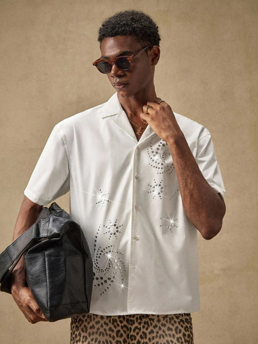 Men's Business Casual Embroidered Floral Pattern Woven Casual Short Sleeve Loose Shirt