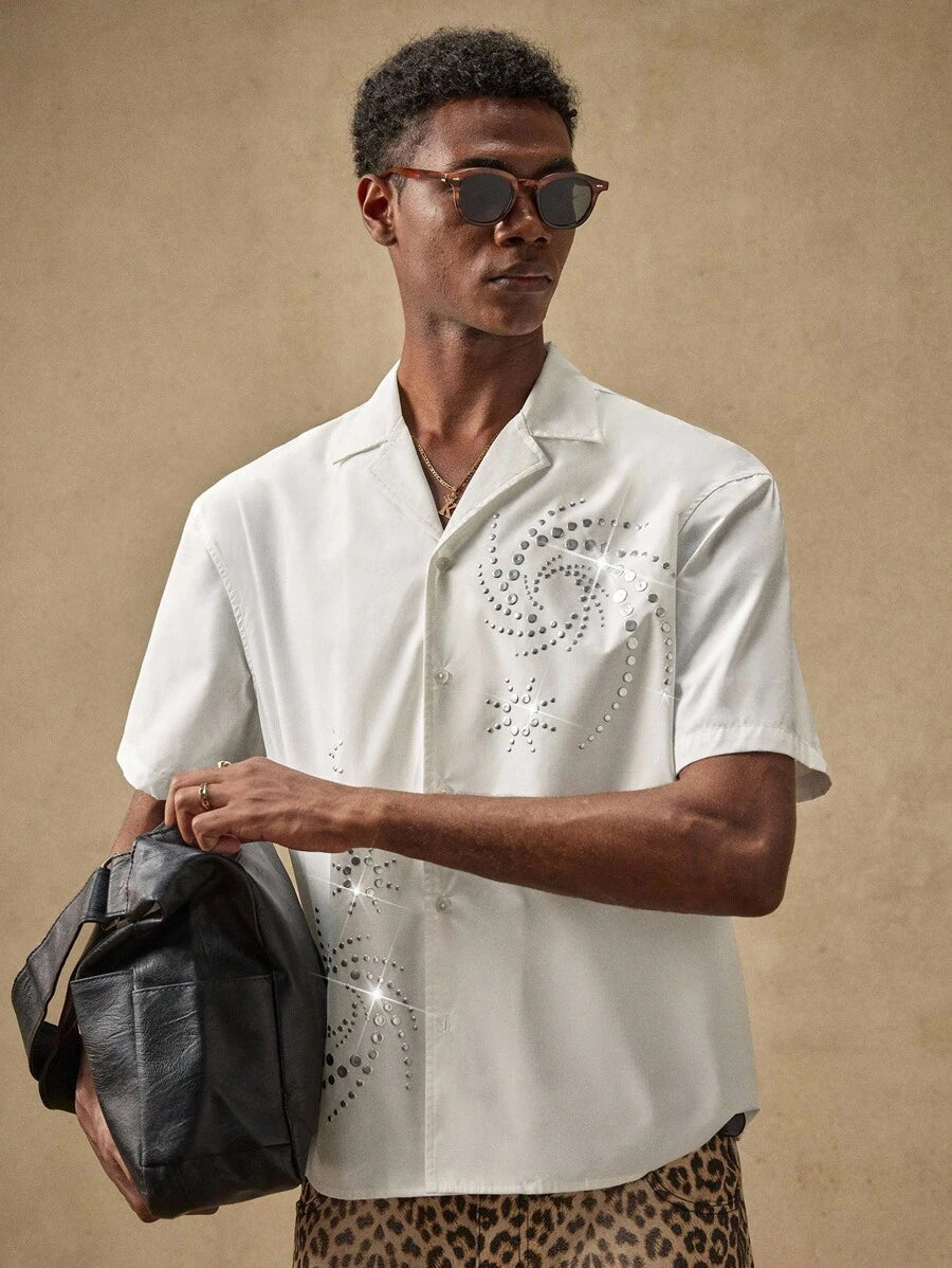 Men's Business Casual Embroidered Floral Pattern Woven Casual Short Sleeve Loose Shirt