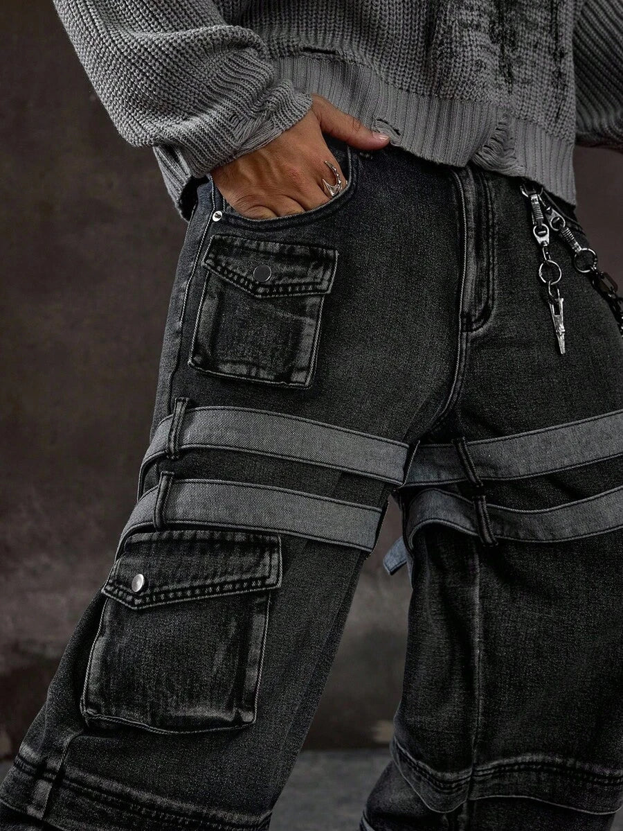 Men's Grunge Graphic Cargo Denim Jeans