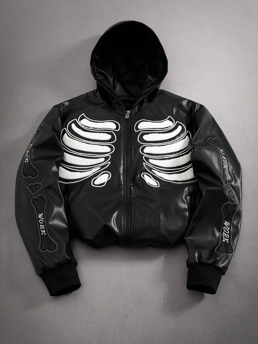 Men's Gothic Skeleton Embroidered PU Zip-Up PU Leather Hooded Jacket
