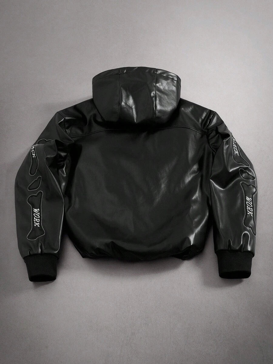 Men's Gothic Skeleton Embroidered PU Zip-Up PU Leather Hooded Jacket