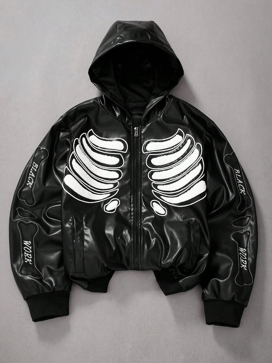 Men's Gothic Skeleton Embroidered PU Zip-Up PU Leather Hooded Jacket