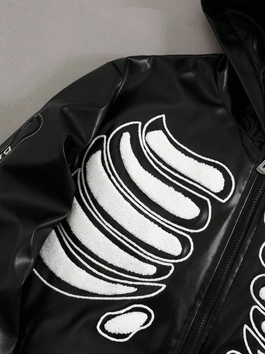 Men's Gothic Skeleton Embroidered PU Zip-Up PU Leather Hooded Jacket