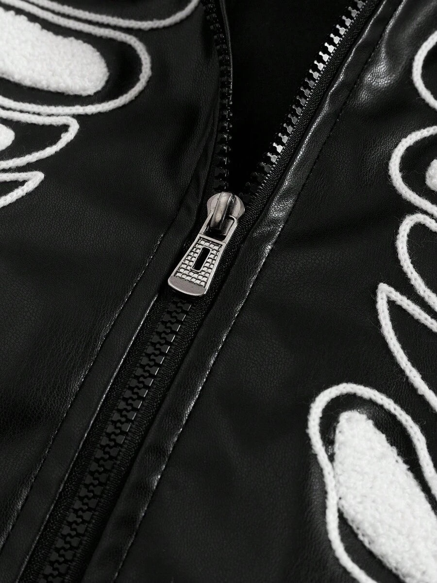 Men's Gothic Skeleton Embroidered PU Zip-Up PU Leather Hooded Jacket