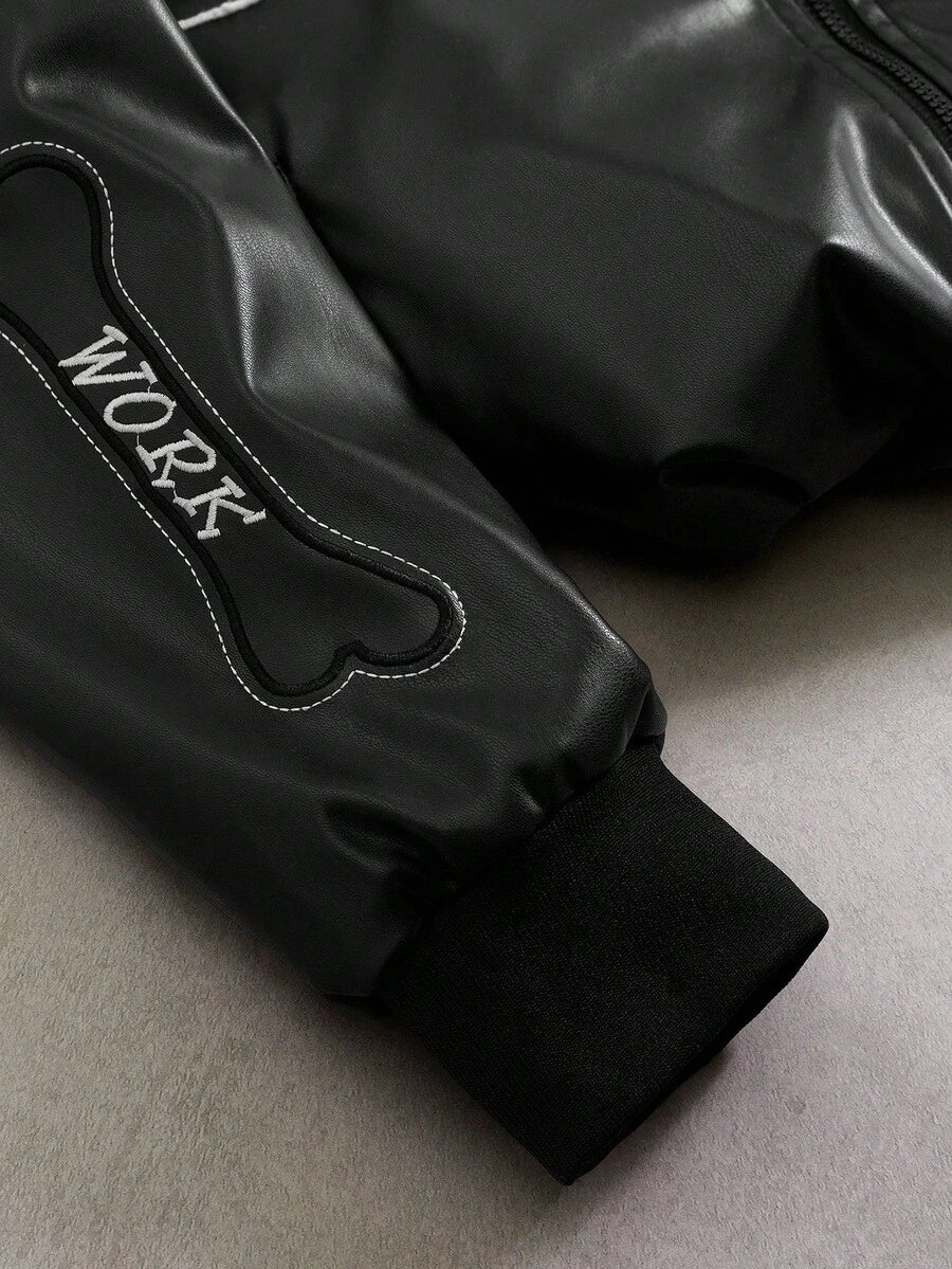 Men's Gothic Skeleton Embroidered PU Zip-Up PU Leather Hooded Jacket