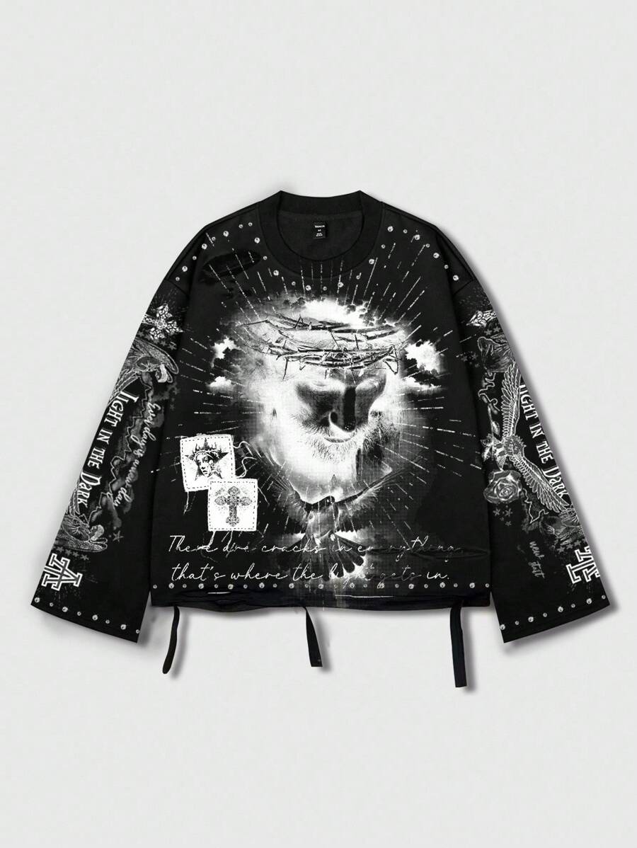 Distressed Graphic Long Sleeve Crew  T-Shirt