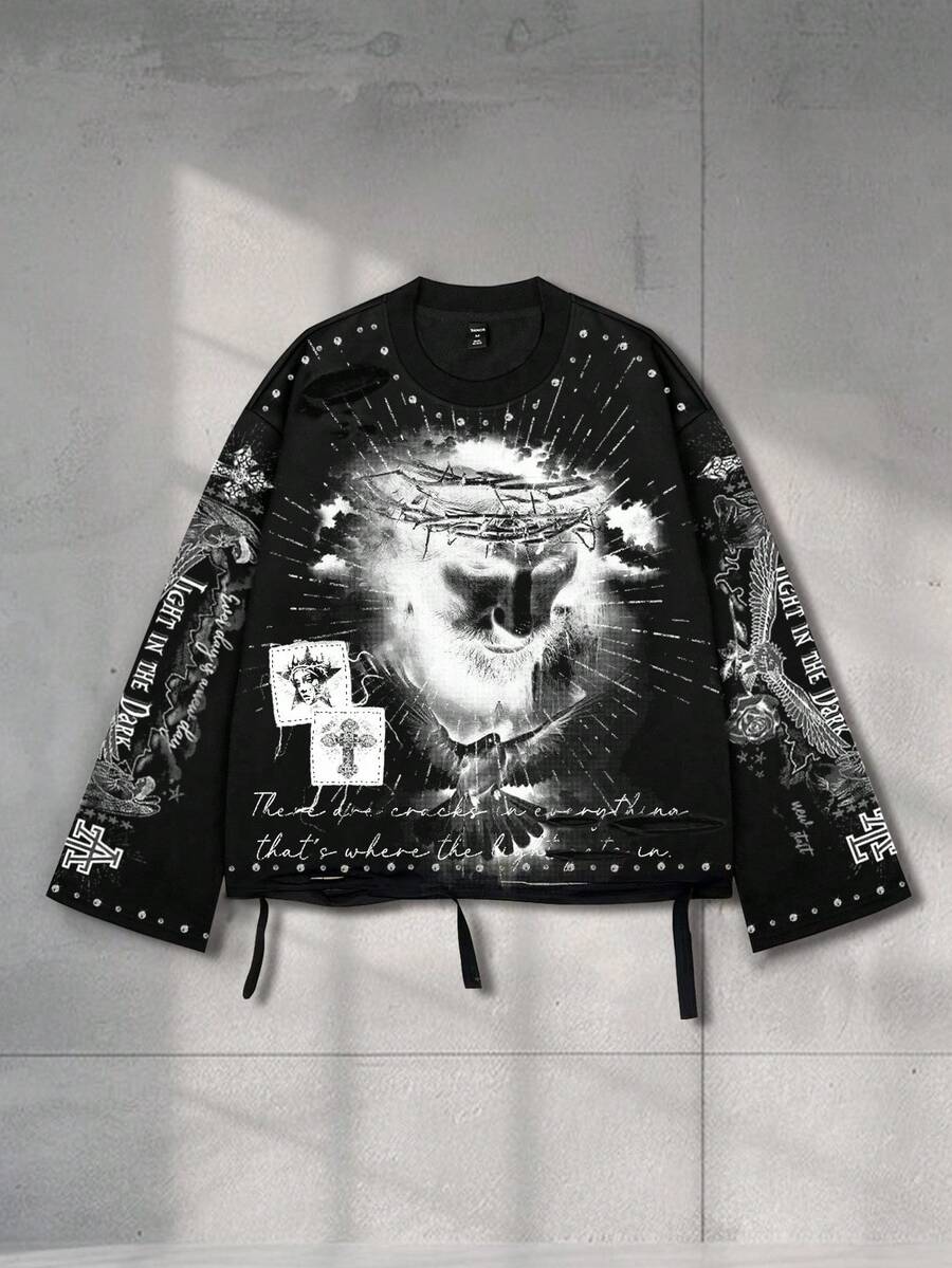 Distressed Graphic Long Sleeve Crew  T-Shirt