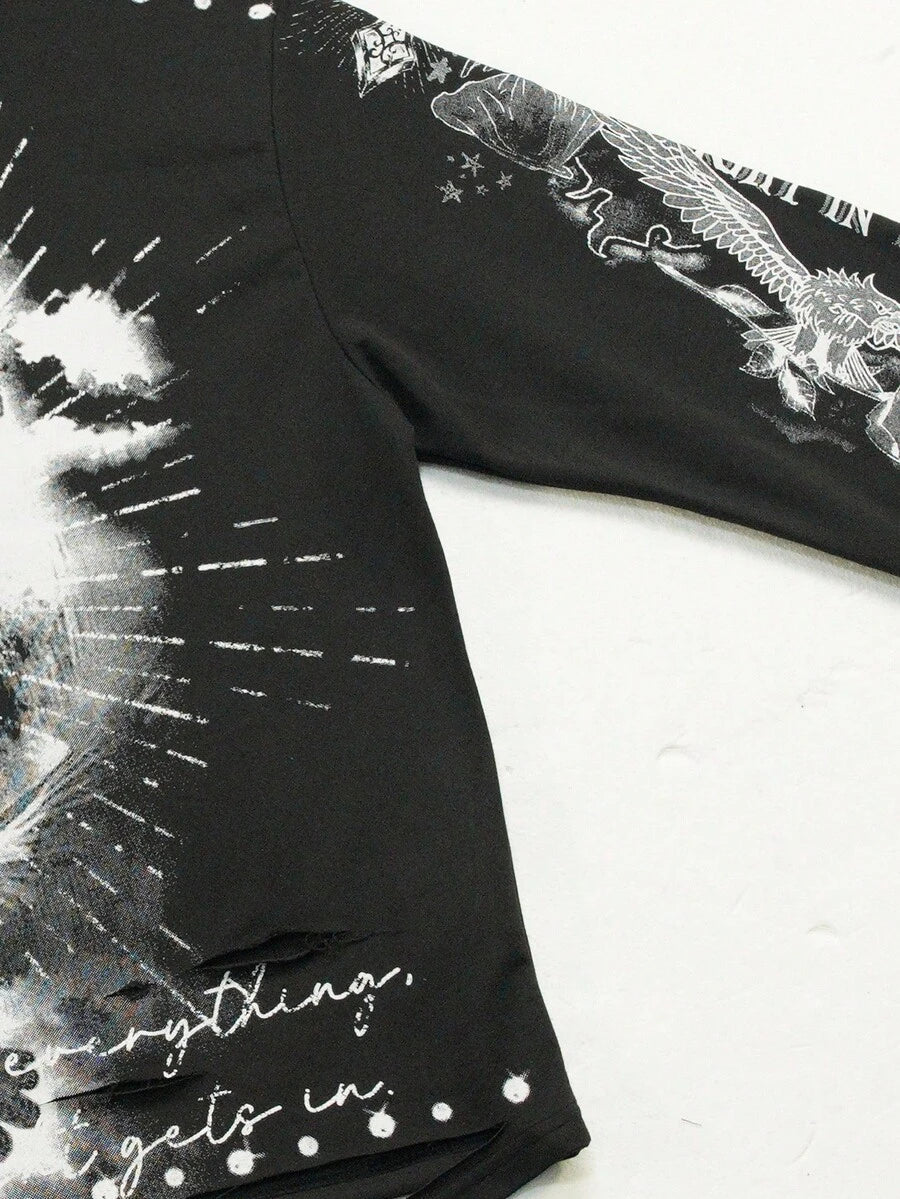 Distressed Graphic Long Sleeve Crew  T-Shirt