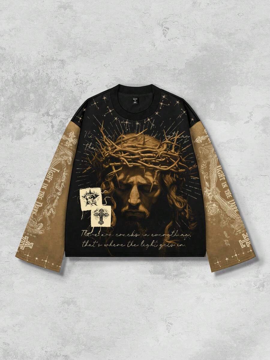 Distressed Graphic Long Sleeve Crew  T-Shirt
