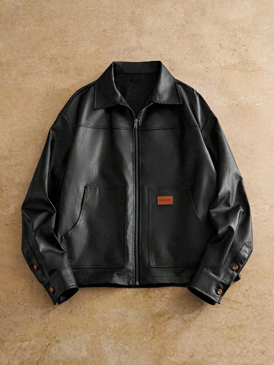 Men's Long Sleeve Casual Woven PU Leather Jacket
