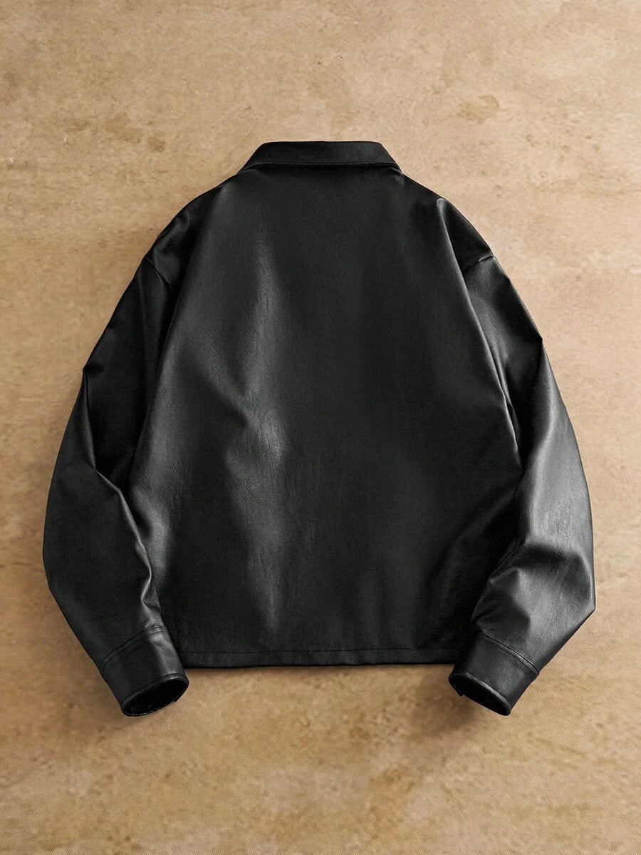Men's Long Sleeve Casual Woven PU Leather Jacket