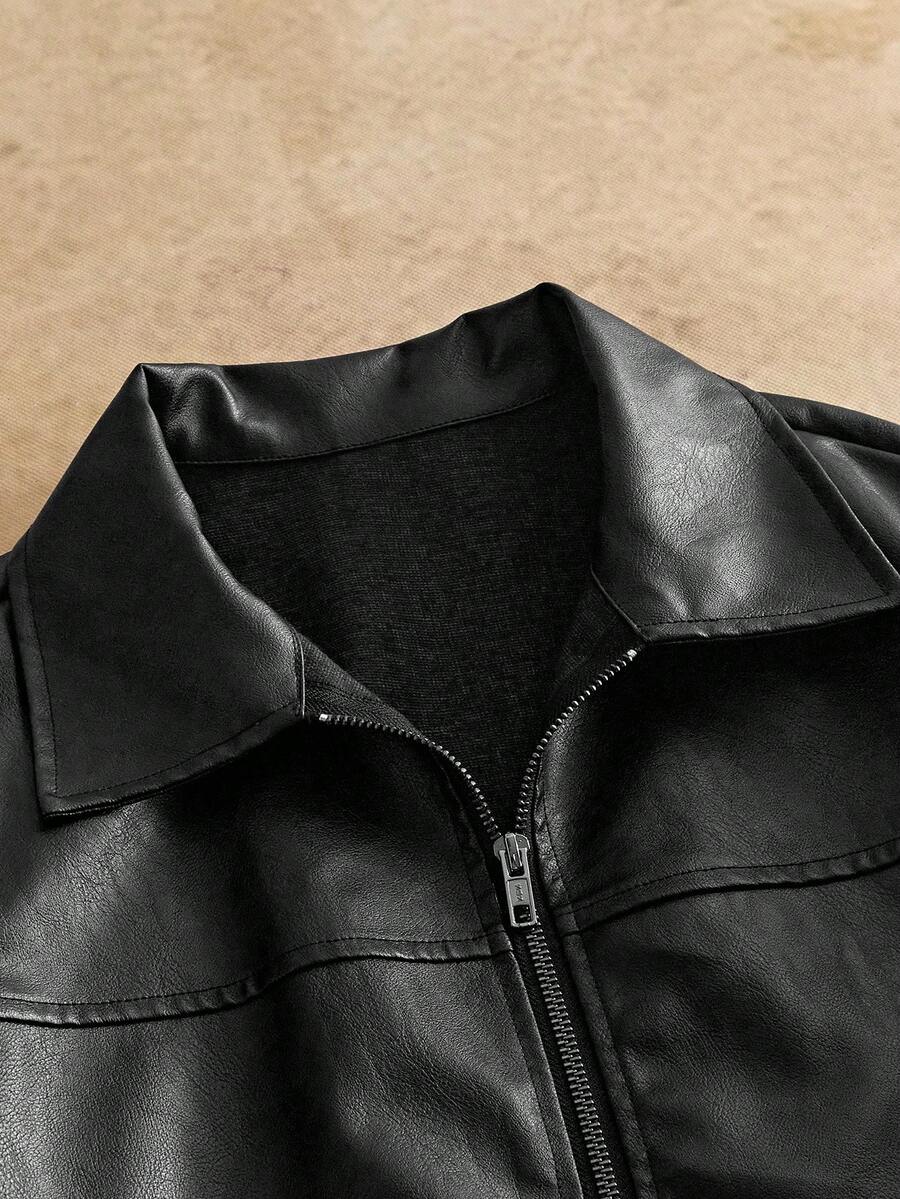 Men's Long Sleeve Casual Woven PU Leather Jacket