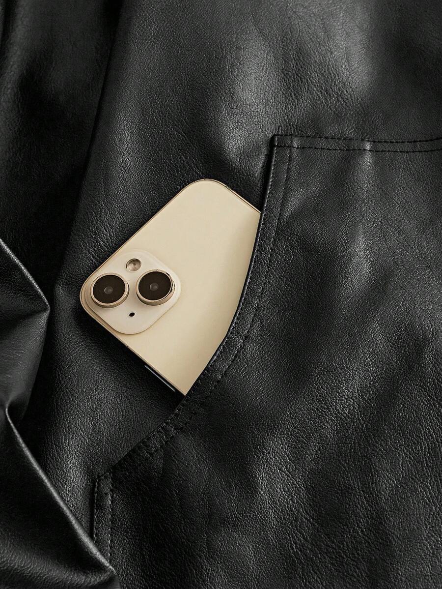 Men's Long Sleeve Casual Woven PU Leather Jacket