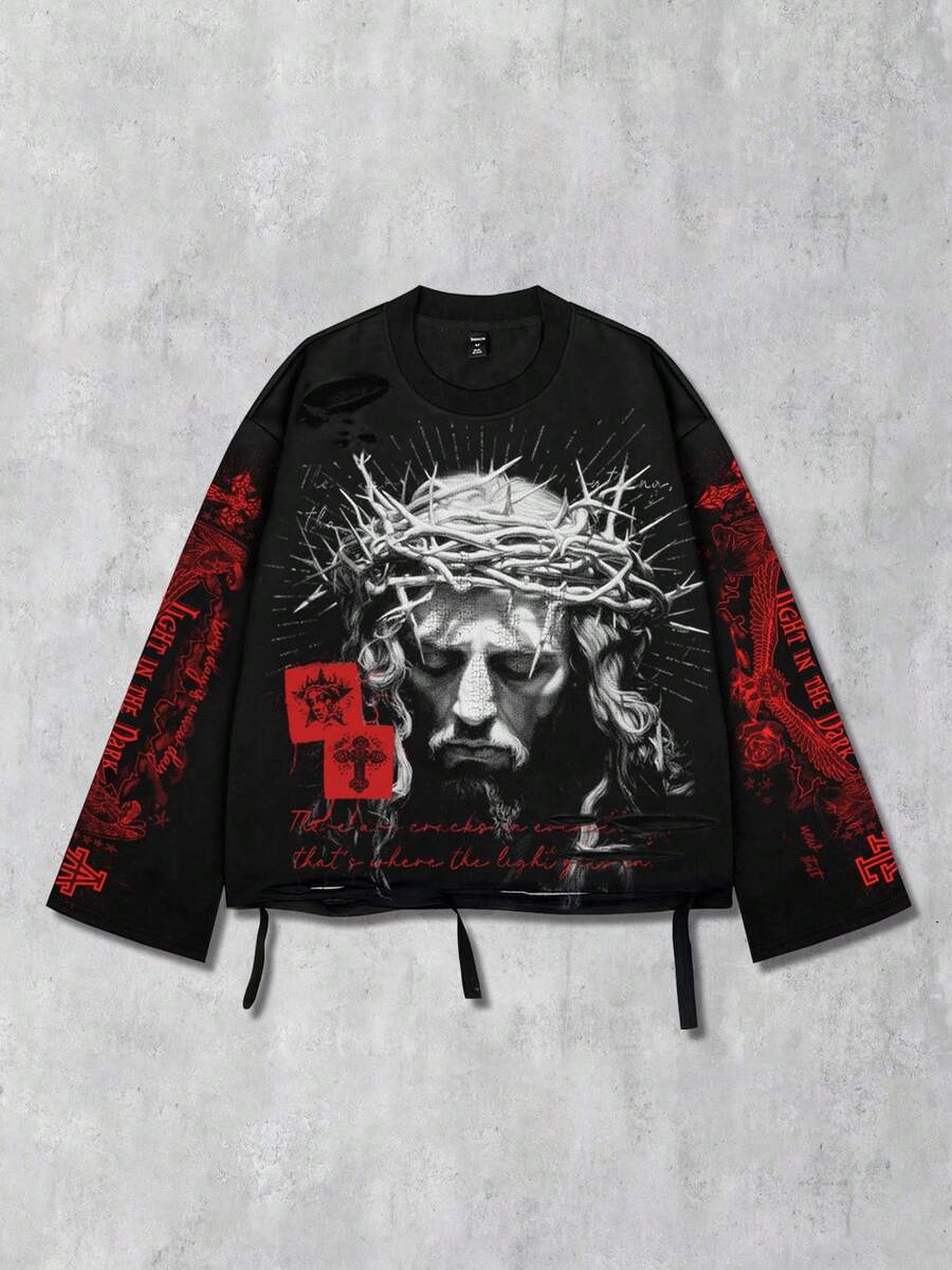 Distressed Graphic Long Sleeve Crew  T-Shirt
