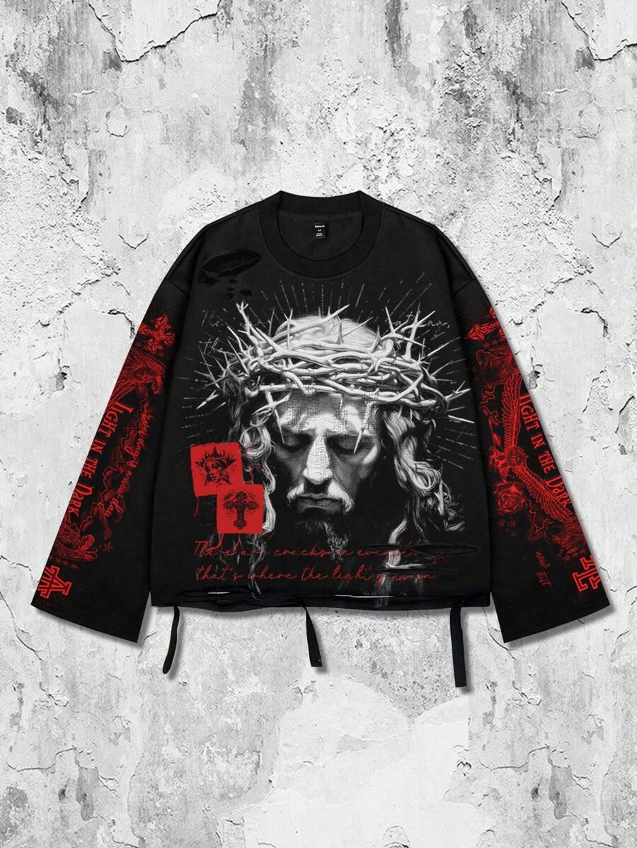 Distressed Graphic Long Sleeve Crew  T-Shirt