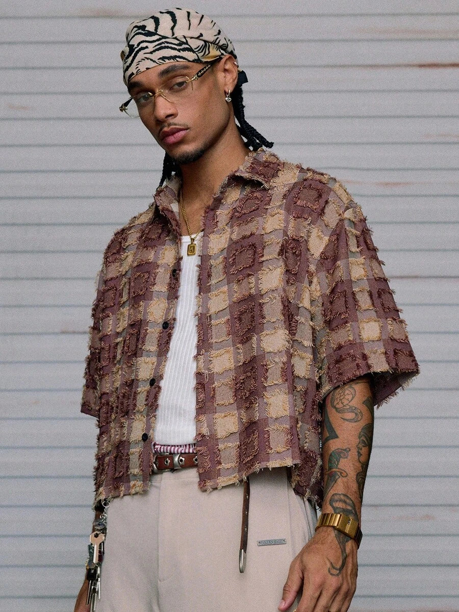 Men's Plaid Woven Short Sleeve Cropped Shirt