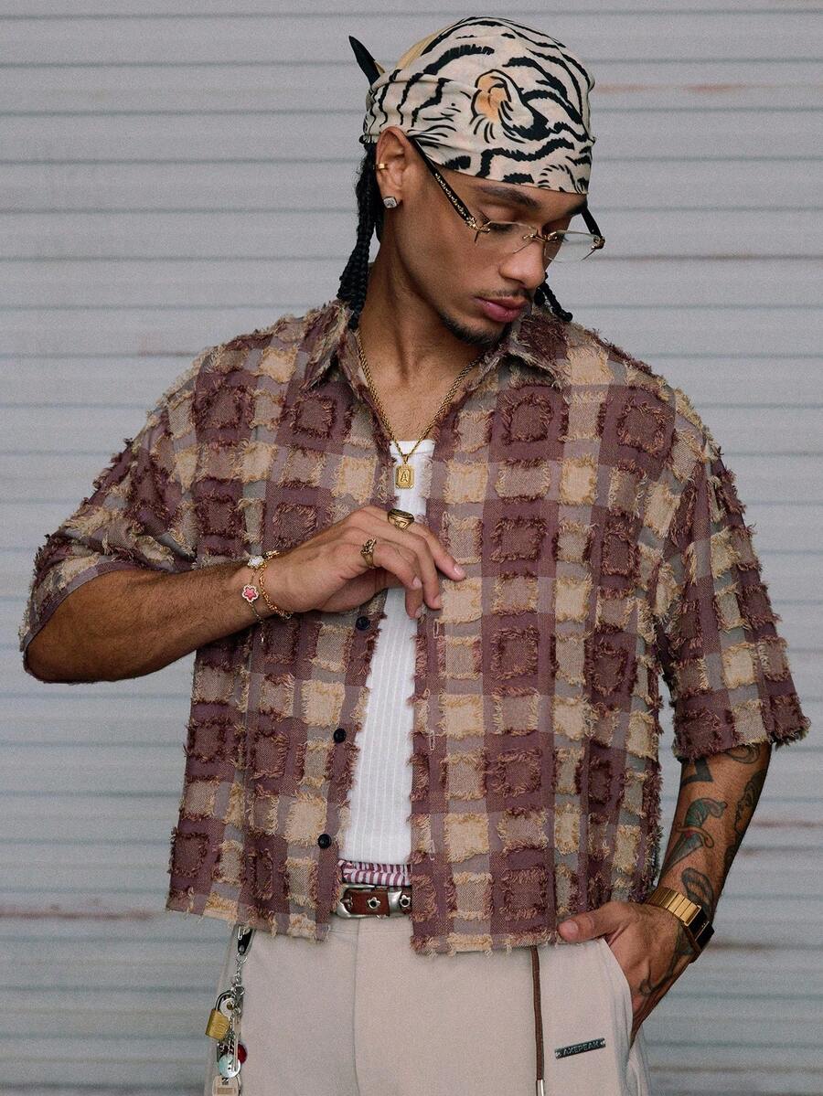 Men's Plaid Woven Short Sleeve Cropped Shirt