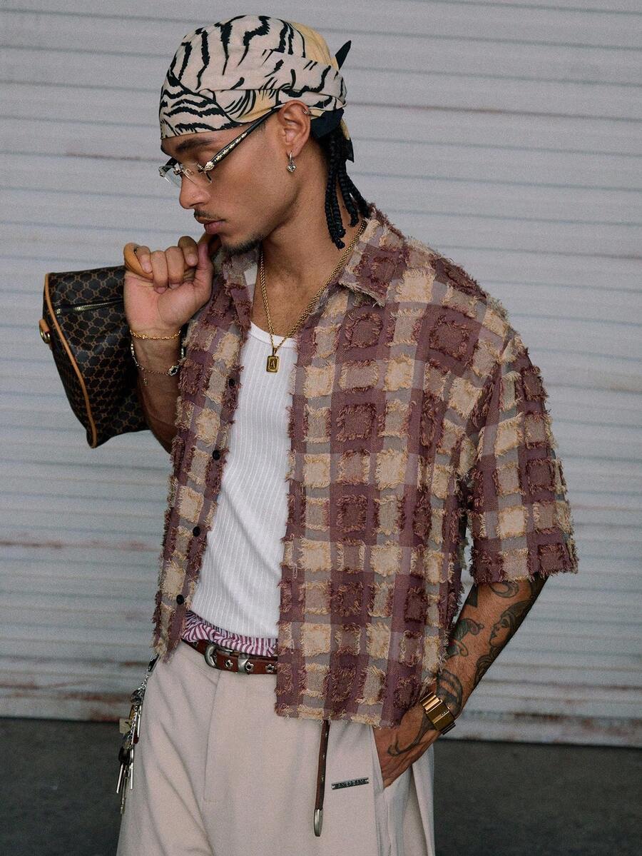 Men's Plaid Woven Short Sleeve Cropped Shirt