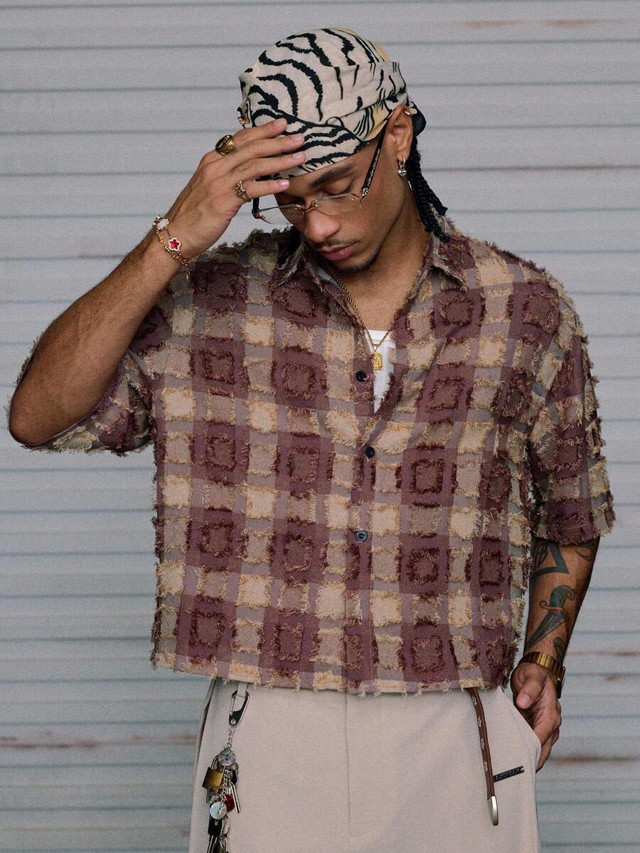 Men's Plaid Woven Short Sleeve Cropped Shirt