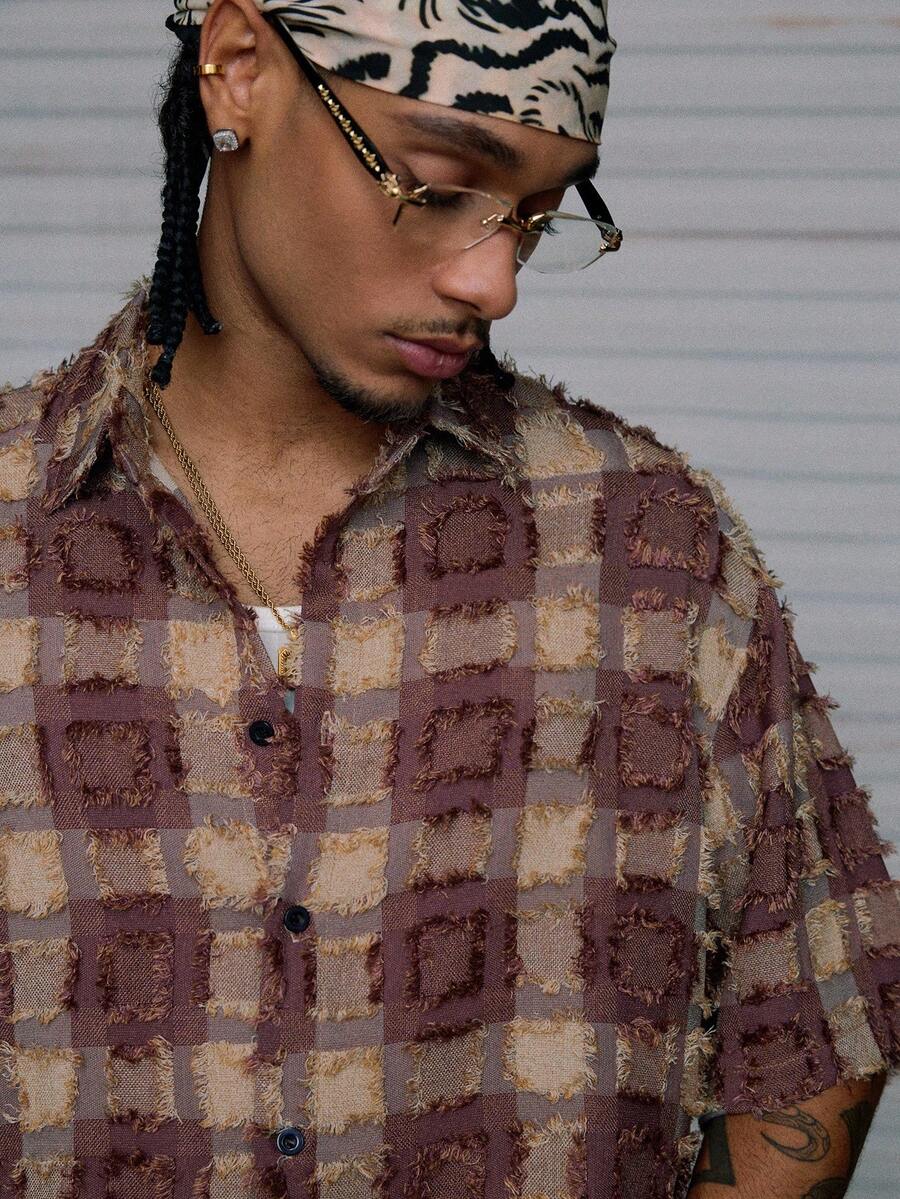 Men's Plaid Woven Short Sleeve Cropped Shirt