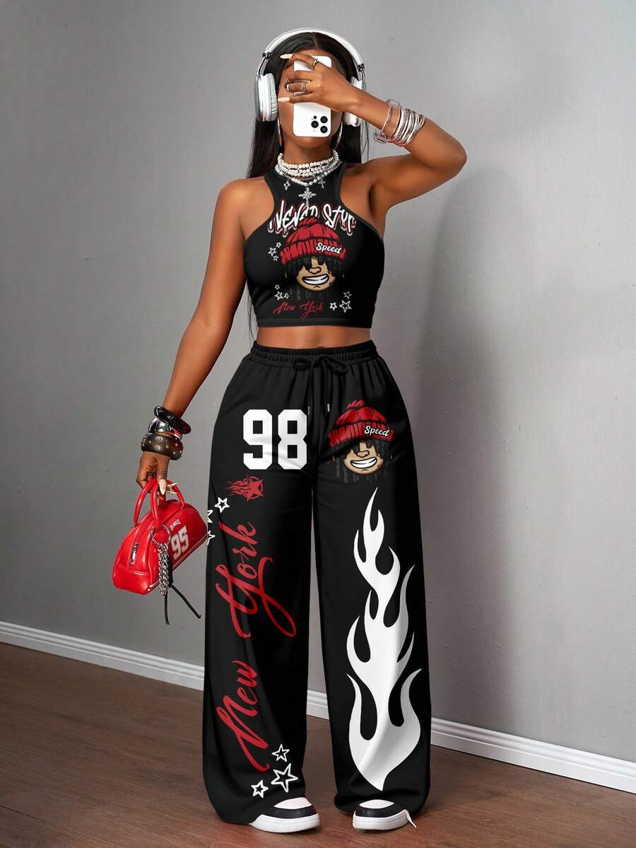 2pcs Women Casual Tight Camisole And Loose Pants Set