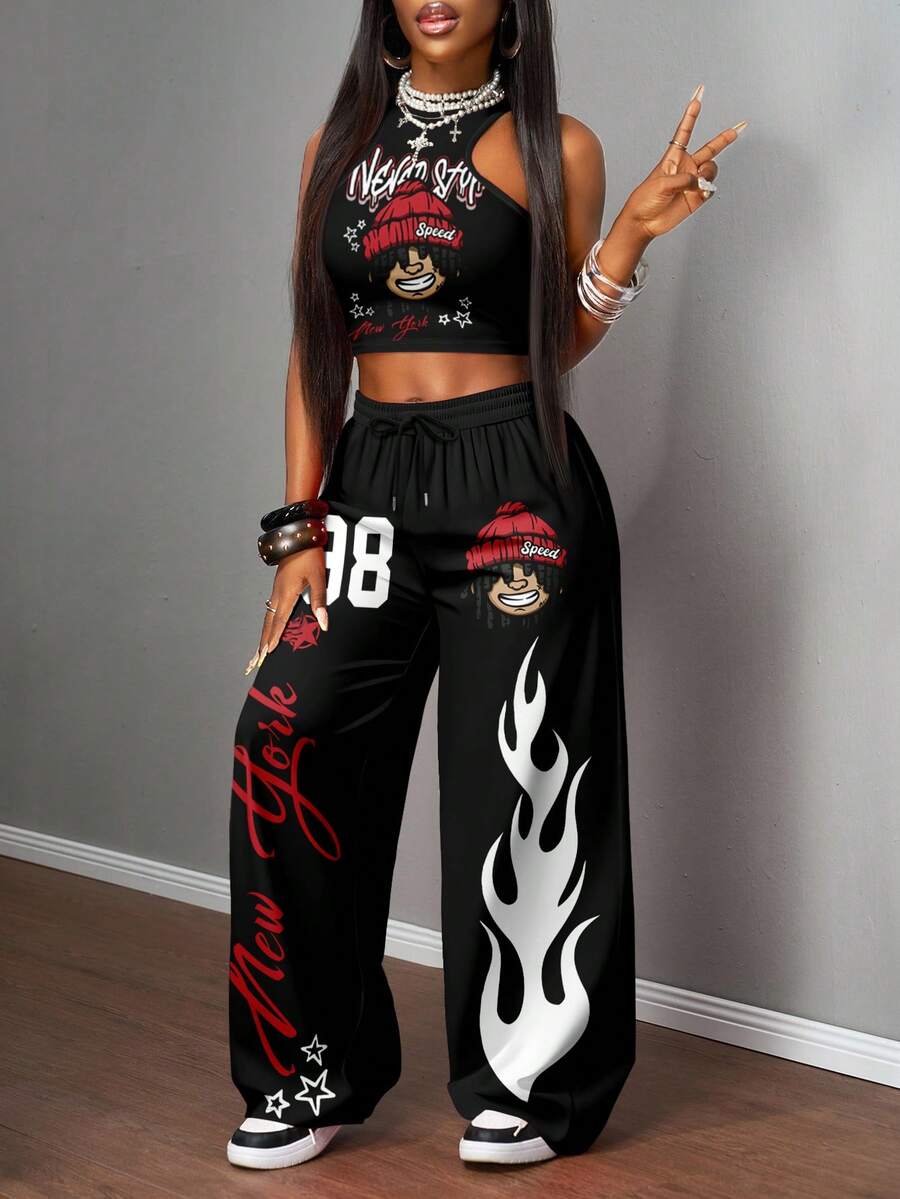 2pcs Women Casual Tight Camisole And Loose Pants Set