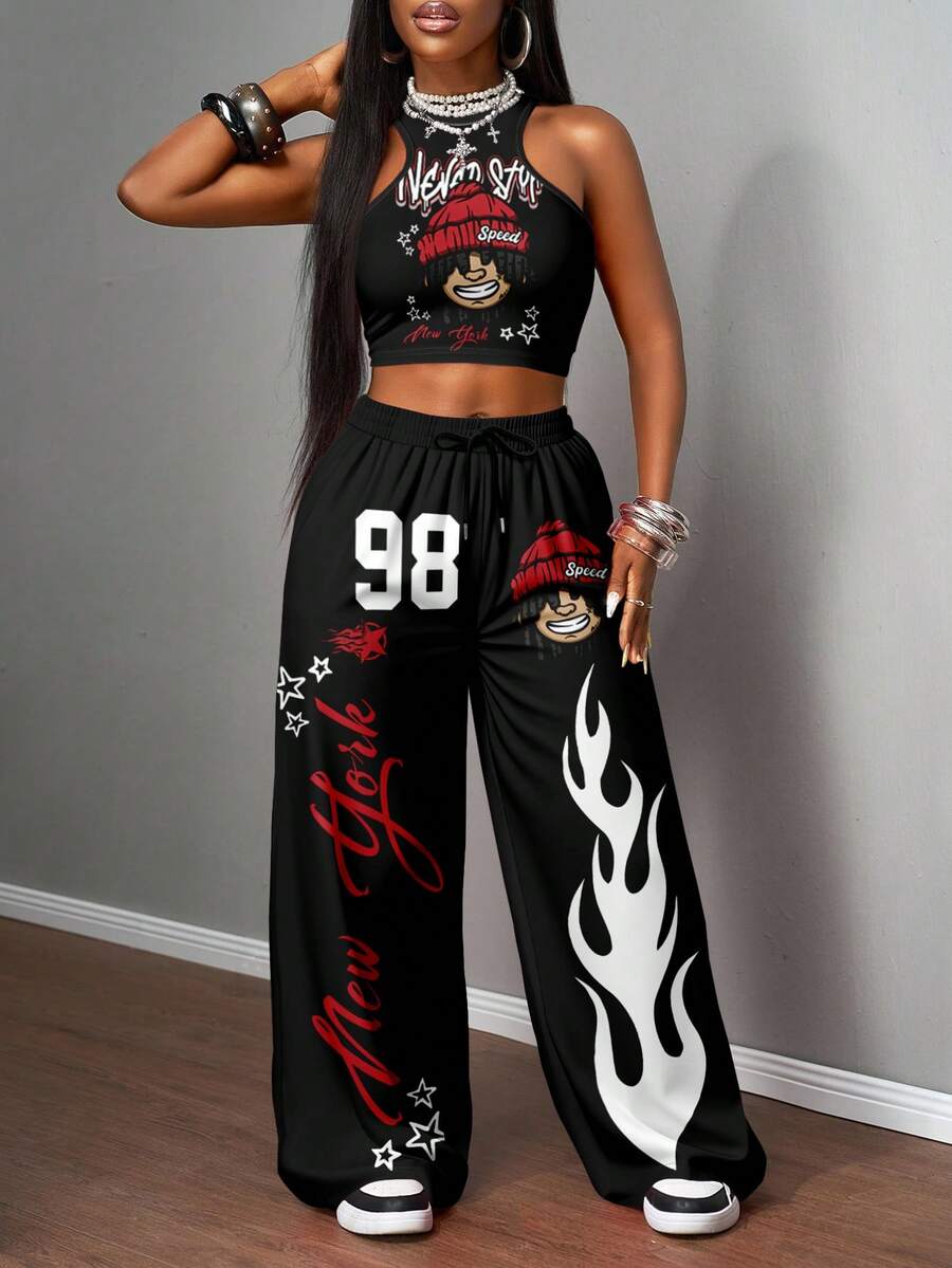2pcs Women Casual Tight Camisole And Loose Pants Set