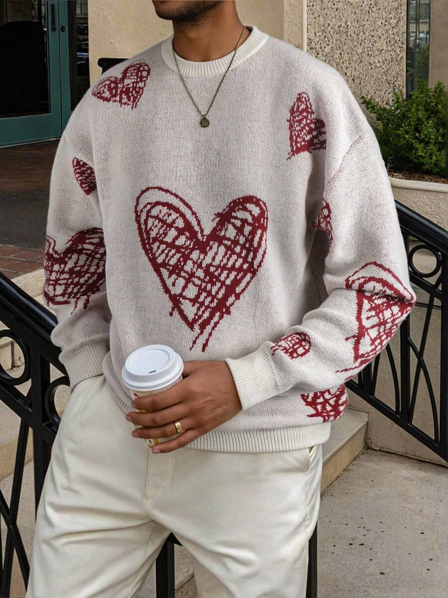 Men's Casual Crew Neck Heart Pattern Knit Sweater