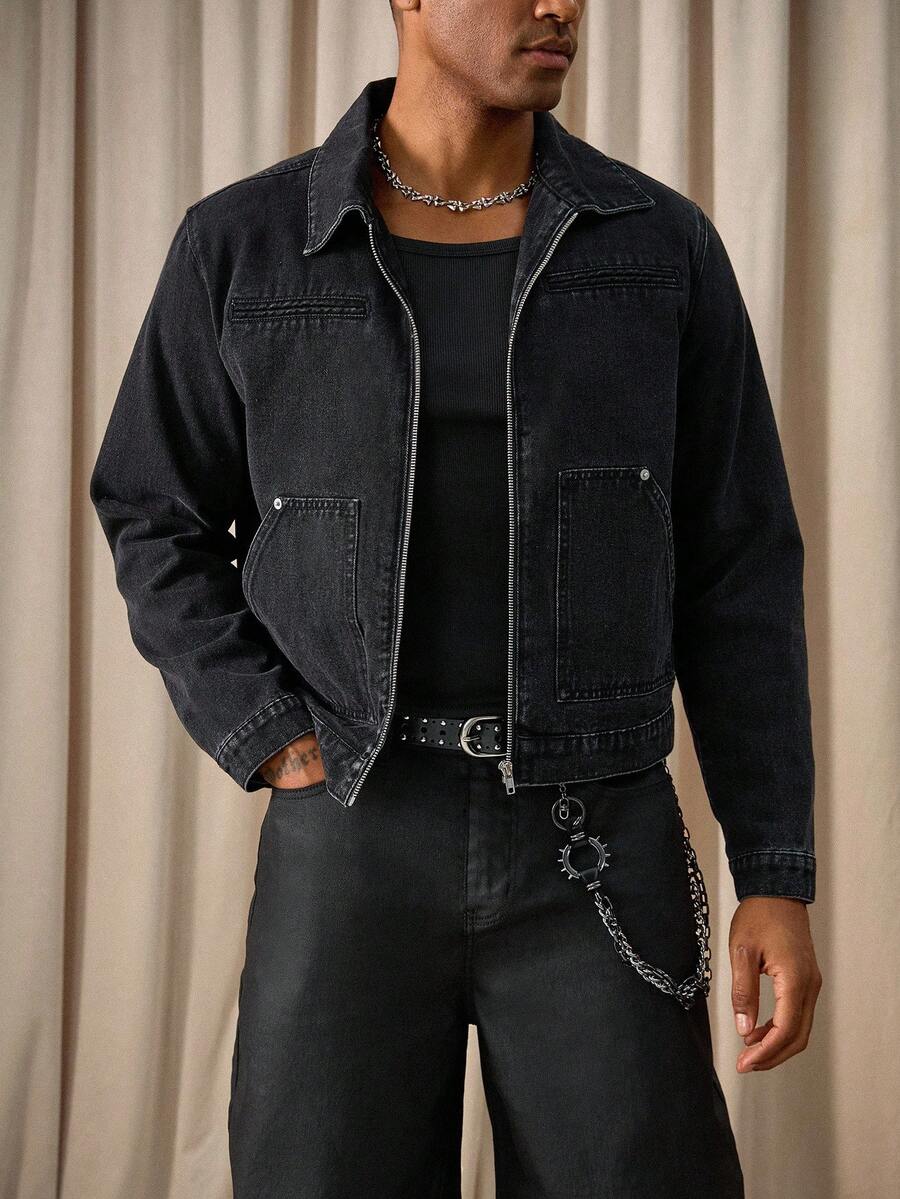 Men Washed Black Denim Jacket