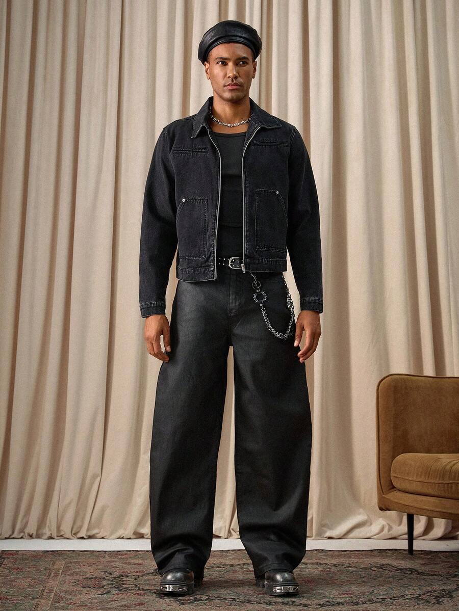 Men Washed Black Denim Jacket