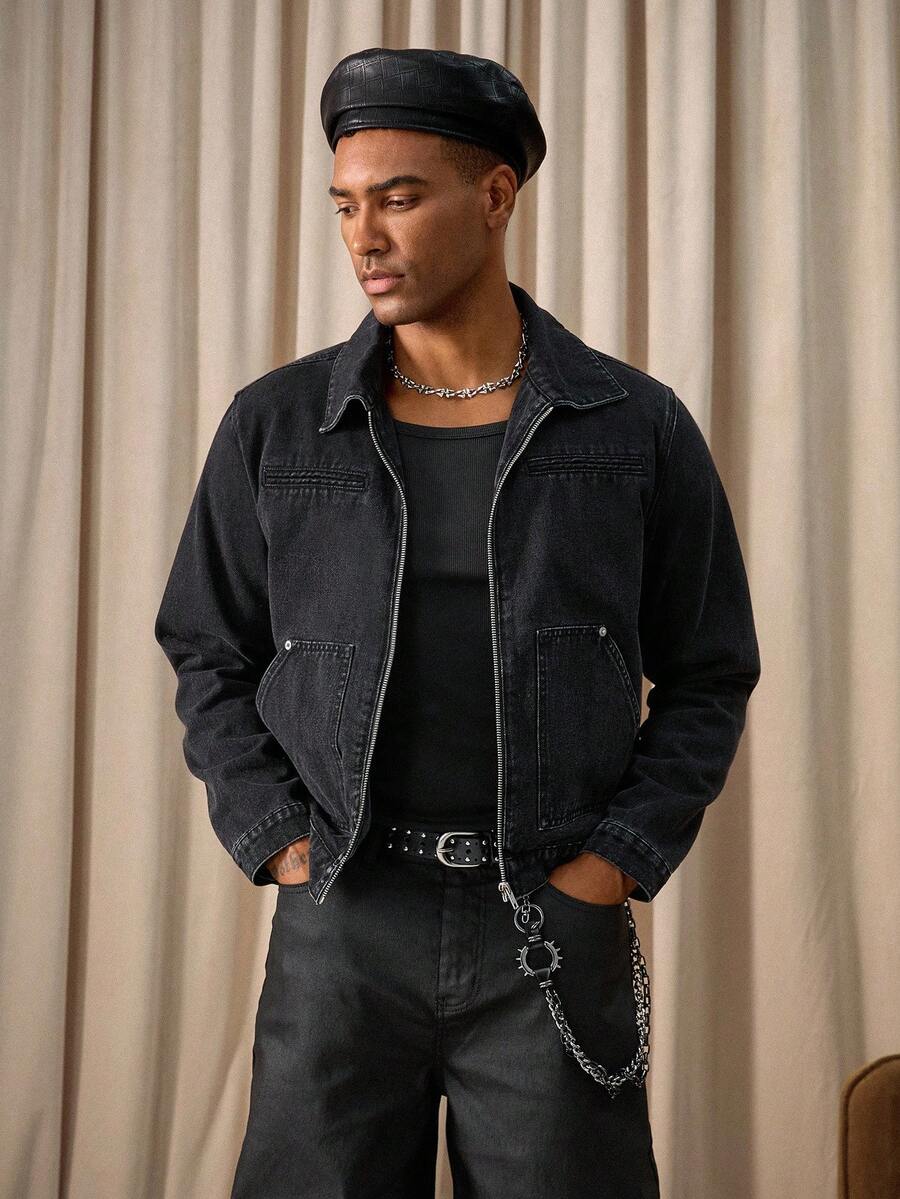 Men Washed Black Denim Jacket