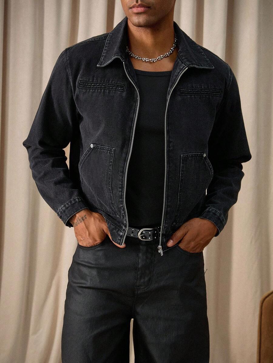 Men Washed Black Denim Jacket