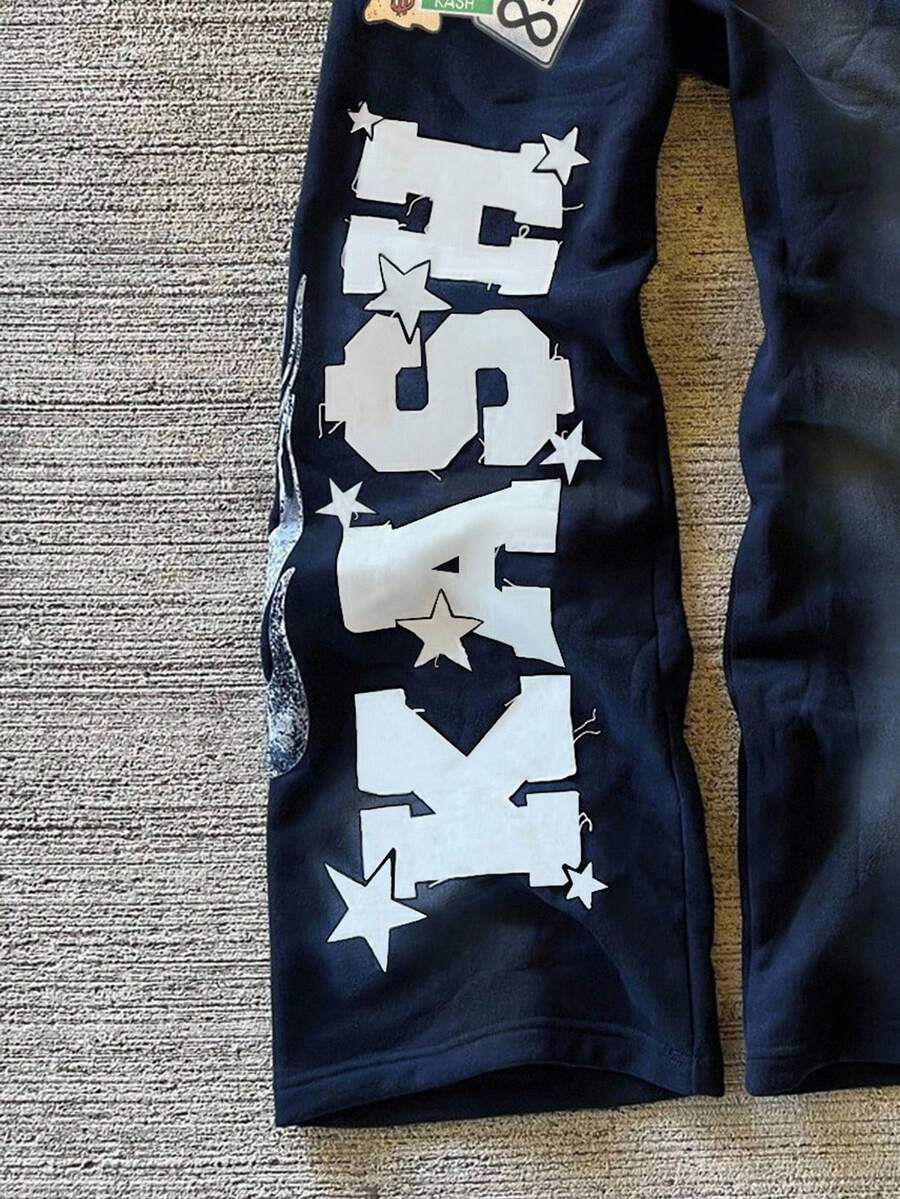 Men's Letter Embroidery Distressed Sweatpants