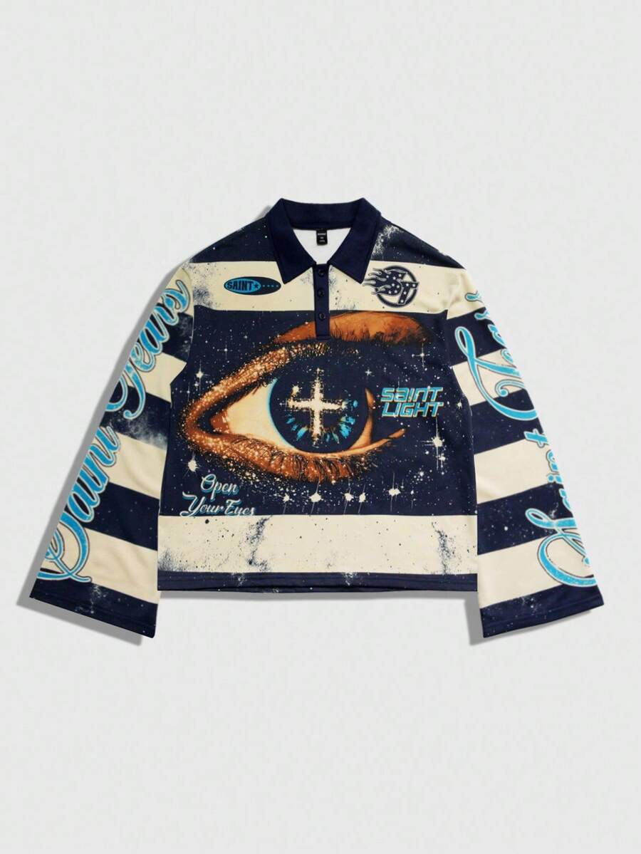 Distressed Saint Graphic Print Long Sleeve Crew Neck Men's T-Shirt
