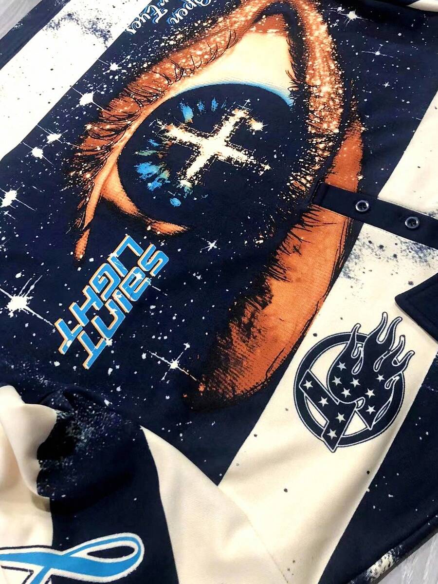 Distressed Saint Graphic Print Long Sleeve Crew Neck Men's T-Shirt