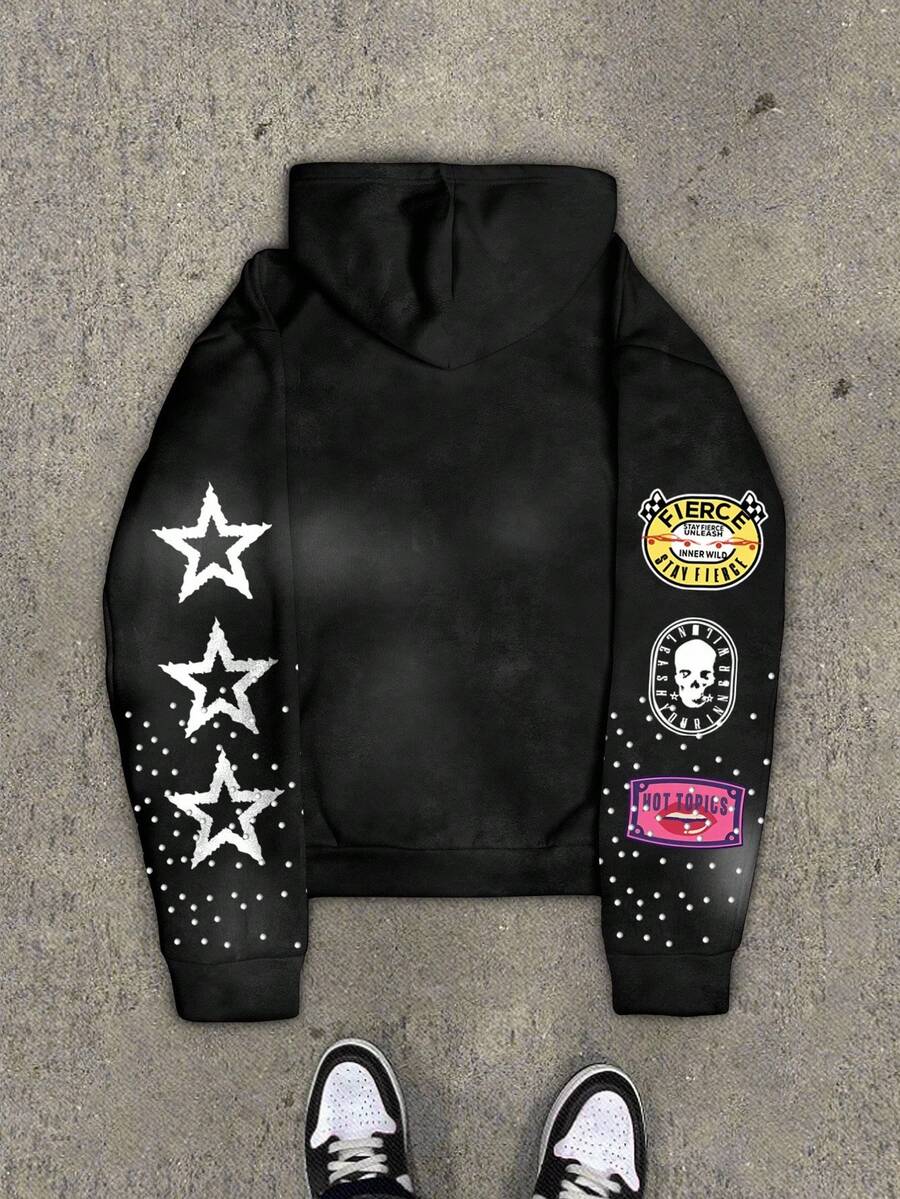 Pentagram Print Zip Front Drawstring Hoodie