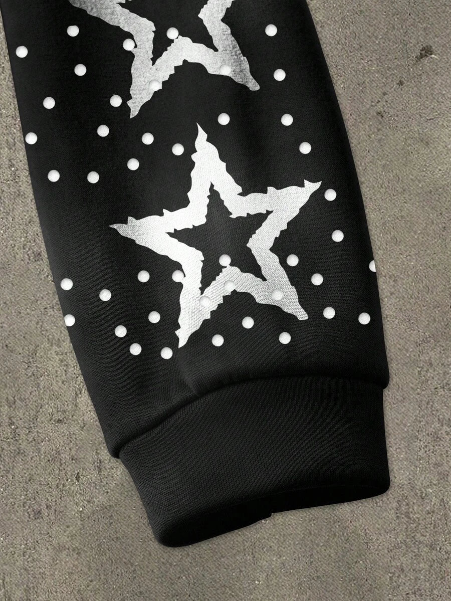 Pentagram Print Zip Front Drawstring Hoodie